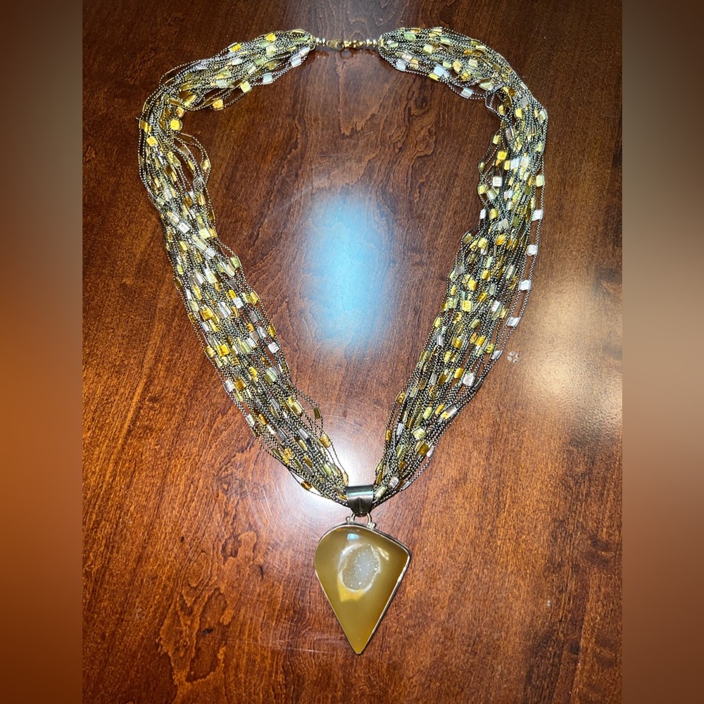 Statement Piece ribbon and geode pendant necklace in browns and golds